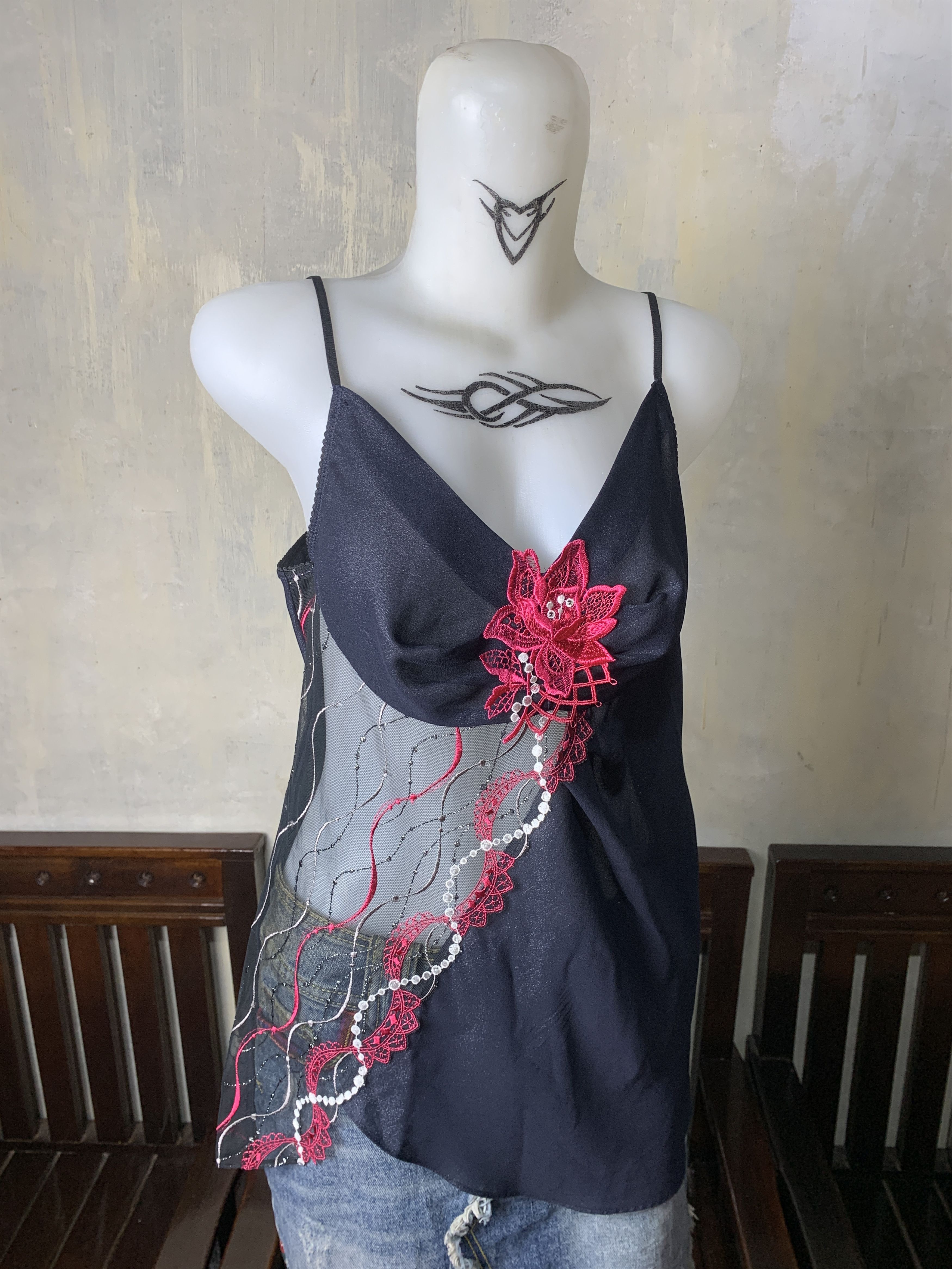 Japanese Brand Salute Flower Embroidered Asymmetrical Glittery Mesh Top (L) Size L / US 10 / IT 46 - 2 Thumbnail