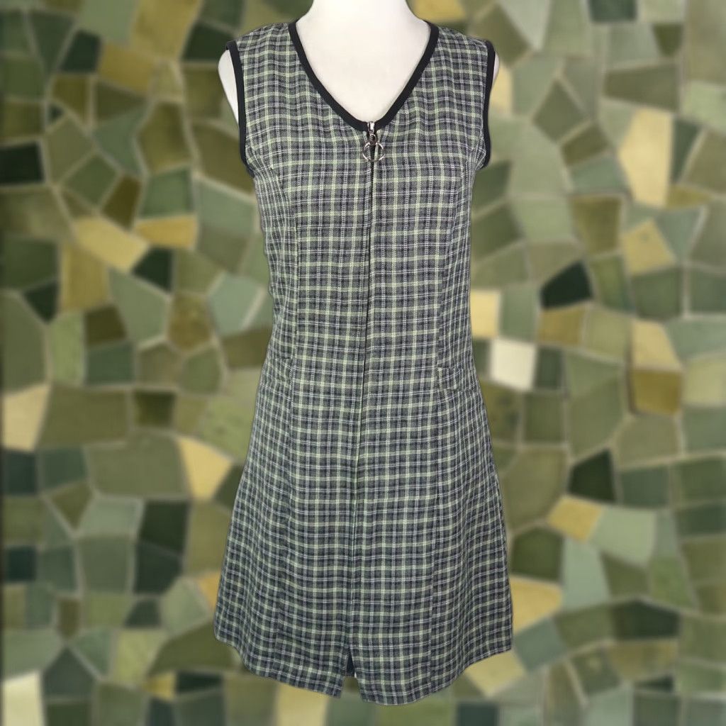 Changes VINTAGE 90s Exact Change Green and Black Plaid Zip Front Mini Jumper Dress S Sleeveless Womens 90s Theme Casual Size S / US 4 / IT 40 - 1 Thumbnail