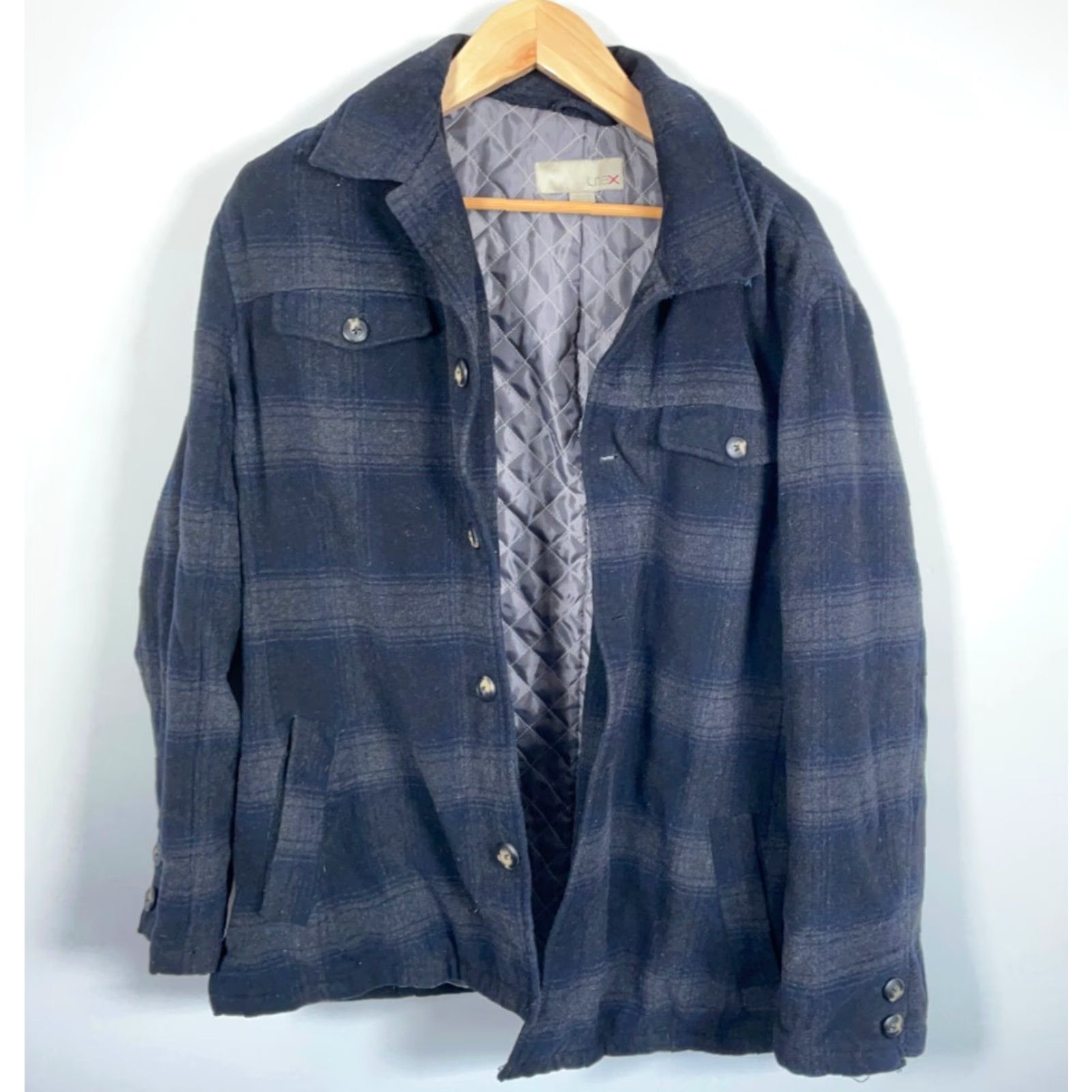 Vintage VINTAGE UTEX Quilted Wool Flannel Shirt Jacket Men's XL Dark Gray Blue Plaid Shacket Size US XL / EU 56 / 4 - 2 Thumbnail
