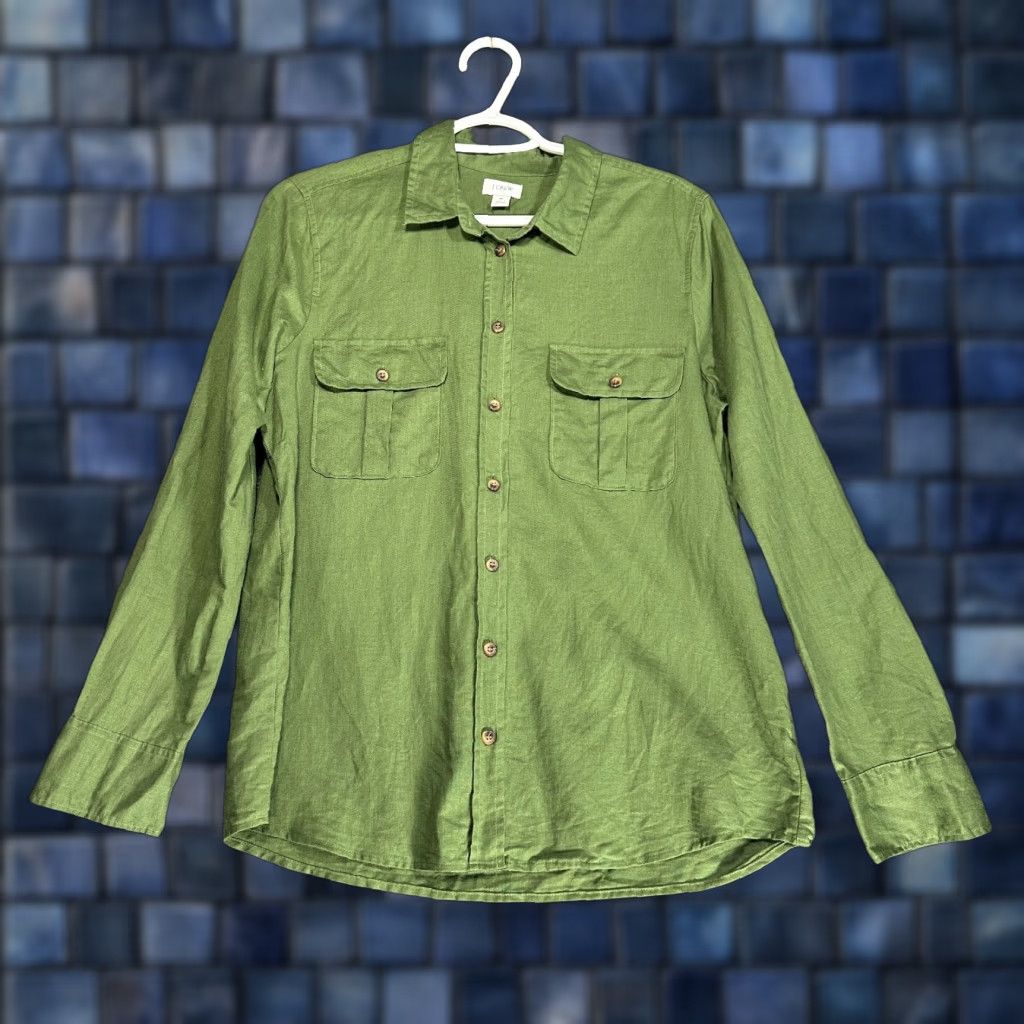 J.Crew J.CREW Shirt Womens Medium Green Cotton Linen Button-Up Pockets Size M / US 6-8 / IT 42-44 - 1 Thumbnail