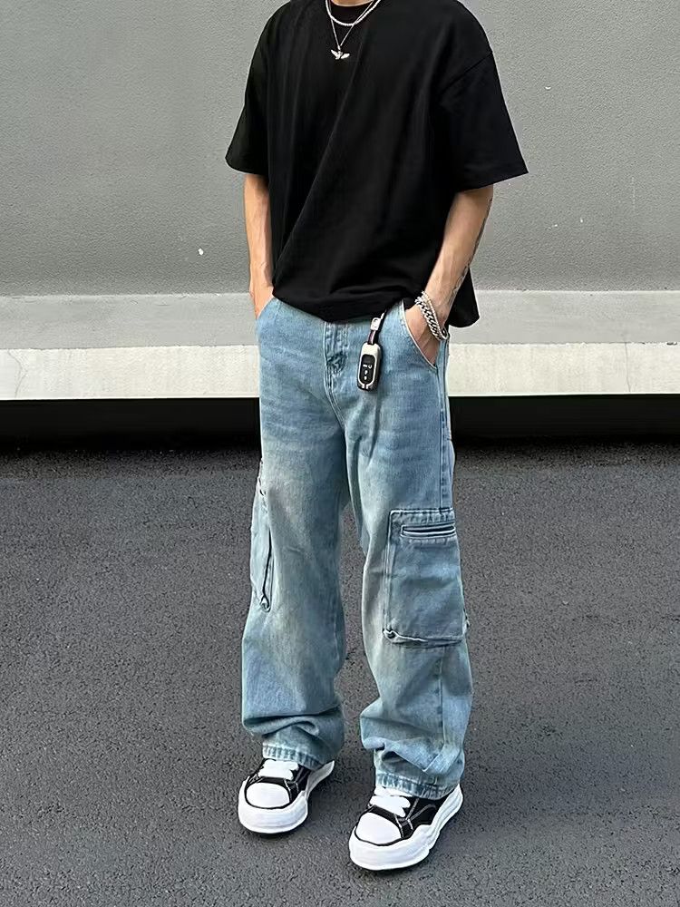 image of Vintage Faded Baggy Flared Cargo Pants in Blue Fade, Men's (Size 32)