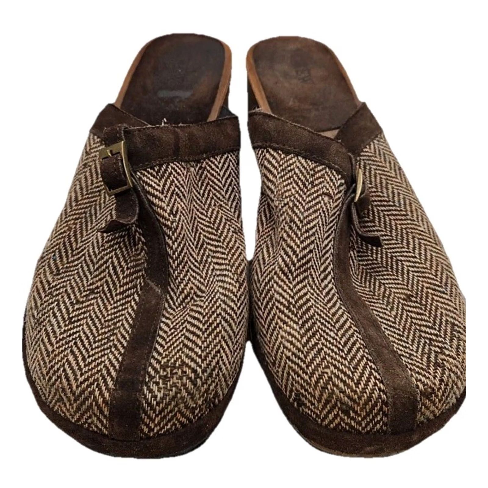 Vintage J Crew Womens 8 Tweed Clogs Wood Sole Leather Trim Herringbone Slip On Mule Slide Bohemian Comfort Classic Womens Shoes Size ONE SIZE - 2 Thumbnail