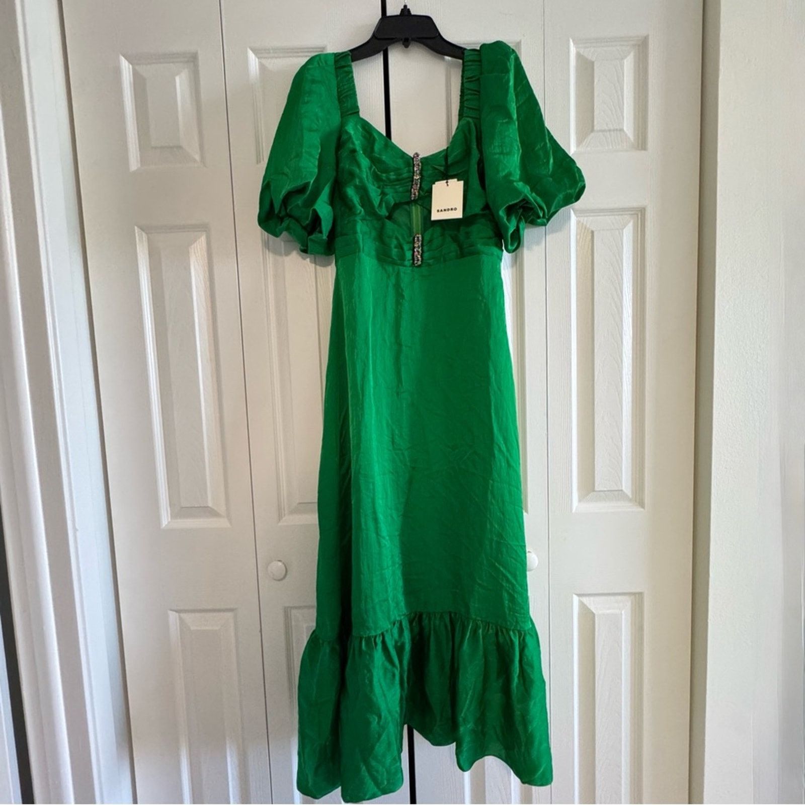 Sandro NWT! Sandro Elegant Green Puff Sleeve Dress, Size 40 Size M / US 6-8 / IT 42-44 - 2 Thumbnail