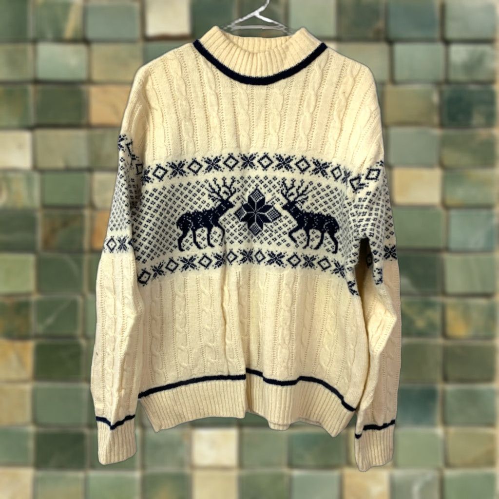Jantzen VINTAGE Jantzen Sweater Mens XL Ivory Navy Reindeer Fair Isle Cable Knit Apre Ski 1980s Size US XL / EU 56 / 4 - 1 Thumbnail