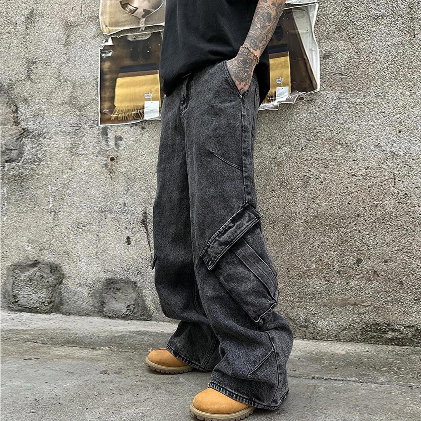 Japanese Brand Black Baggy Cargo Flared Denim Pants, Wide Leg Jeans Size US 32 / EU 48 - 2 Thumbnail