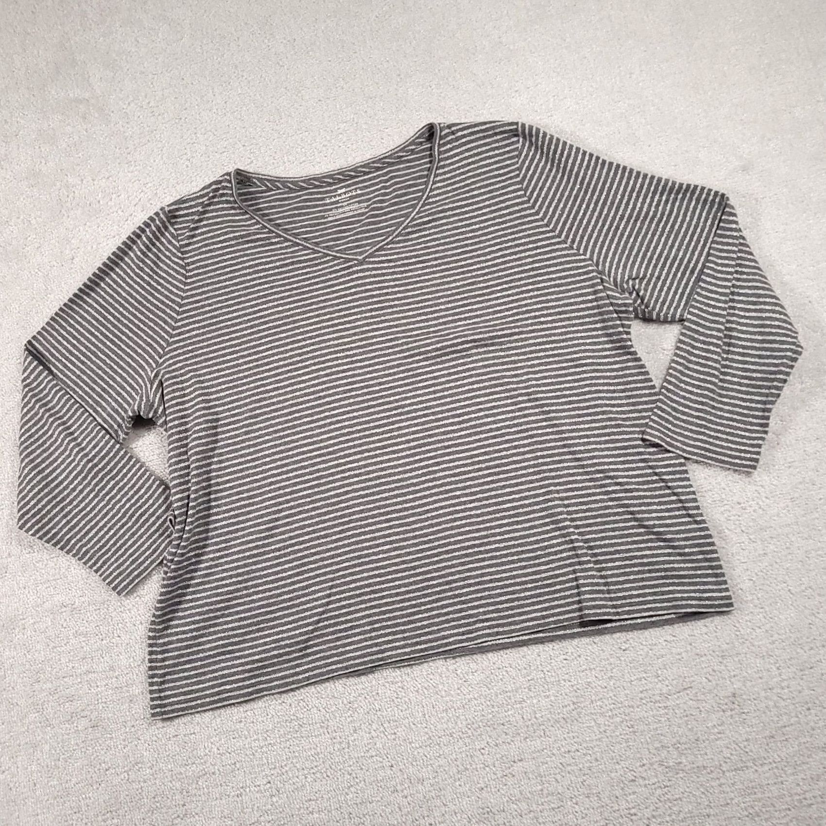 Talbots VINTAGE Talbots T Shirt Women's 3X Plus Gray Striped Glitter V Neck Long Sleeve Size XXL / US 16-18 / IT 52-54 - 2 Thumbnail