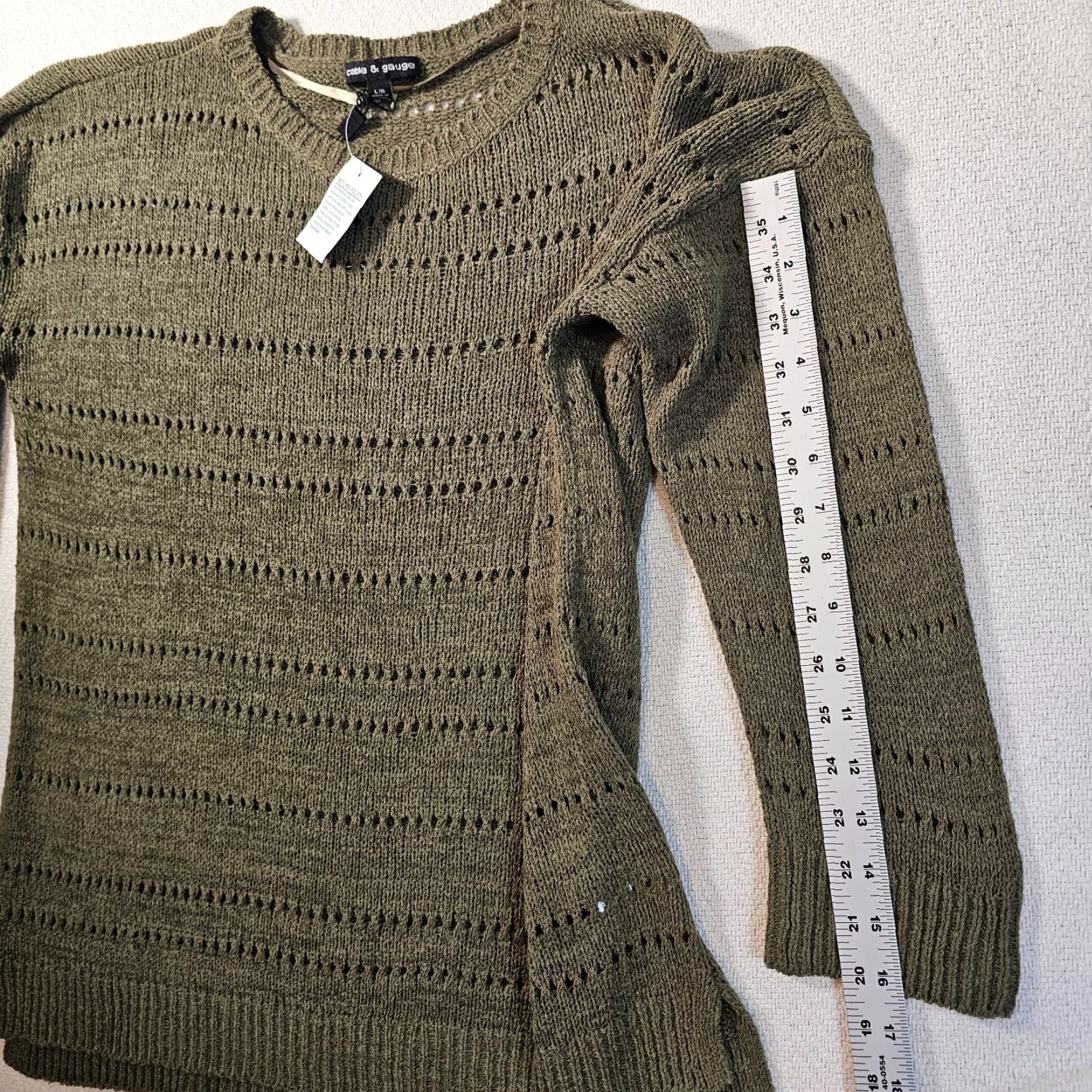 Vintage Cable & Gauge Sweater Women L Green Open-Knit Crew Neck Pullover, Acrylic Nylon, Crochet Accents, Boho Beach Style - Womens Size L / US 10 / IT 46 - 6 Thumbnail