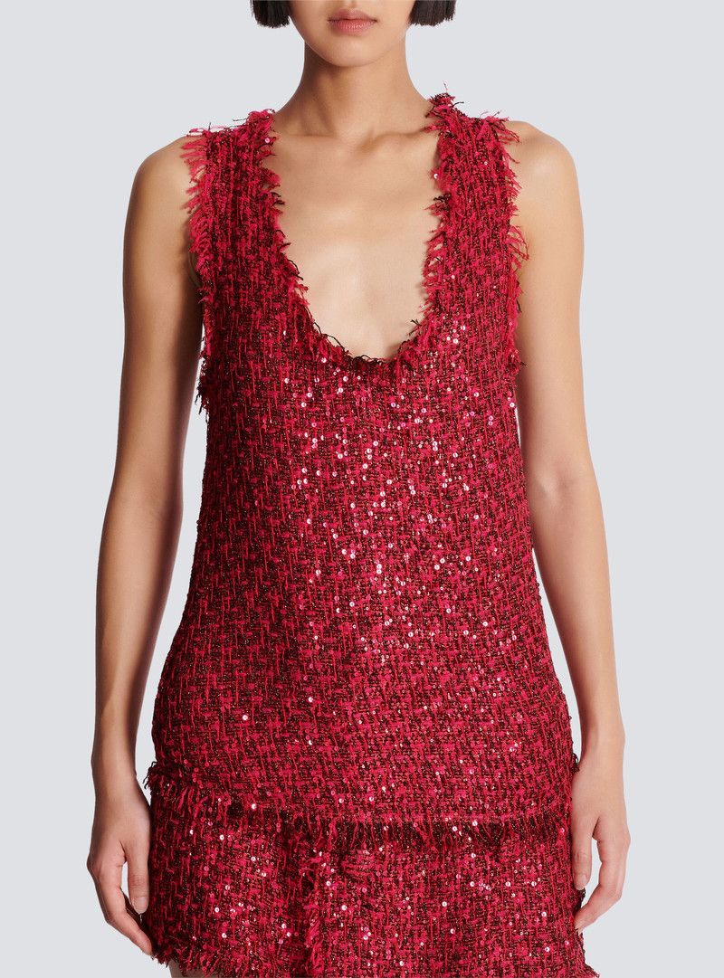 Balmain o1s1wg110526 Glittered Tweed Top in Red Size L / US 10 / IT 46 - 7 Thumbnail