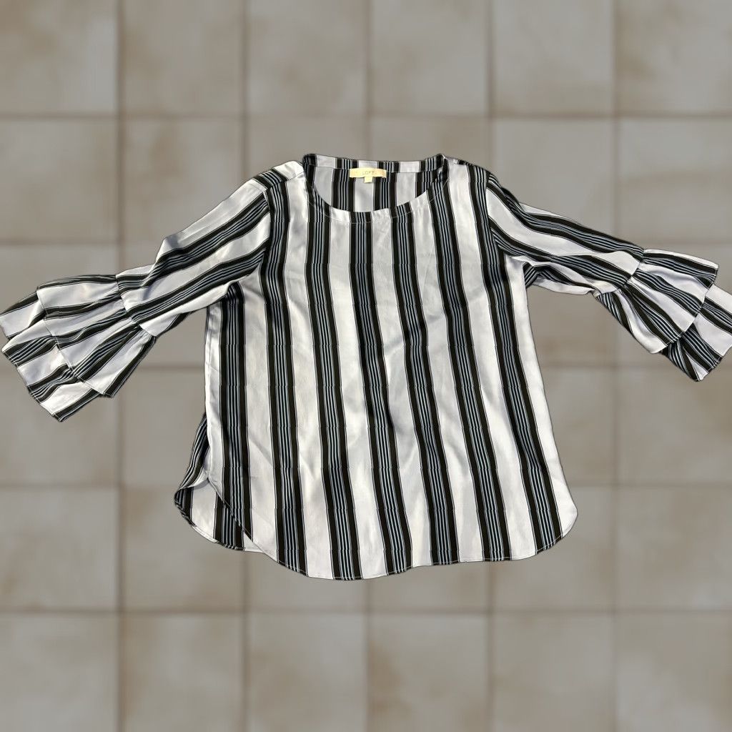 Loft VINTAGE? LOFT Shirt Womens L Black White Stripe Bell Sleeve Blouse Top Work Size L / US 10 / IT 46 - 1 Thumbnail