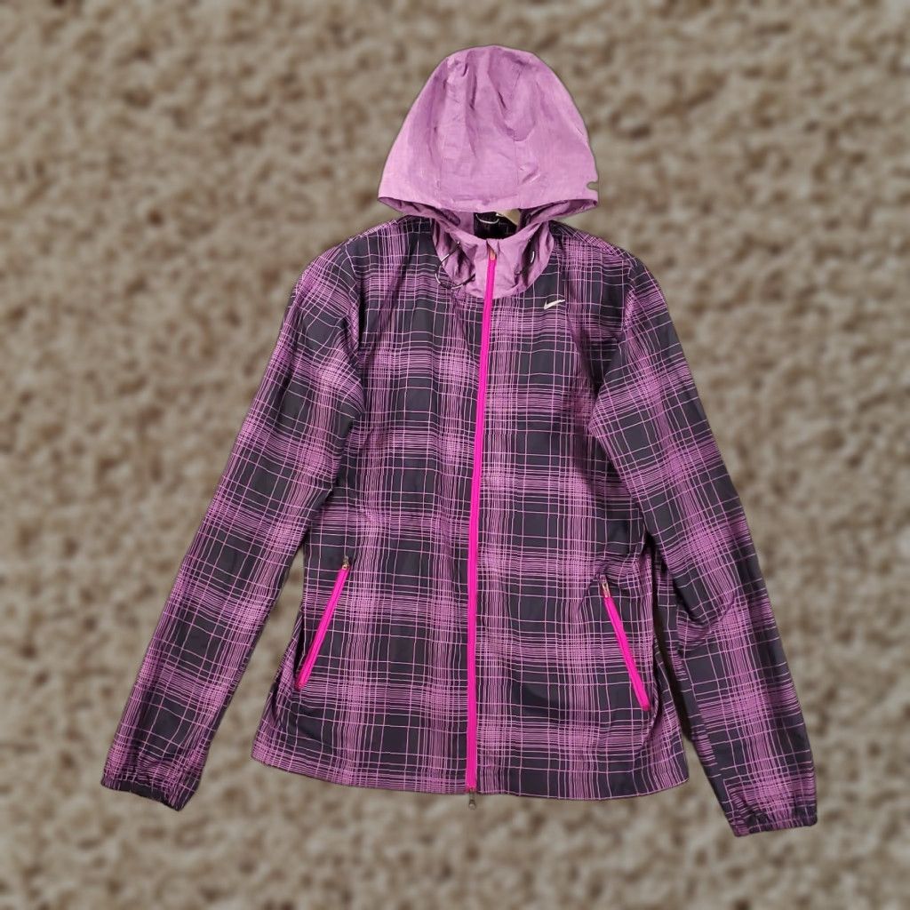 Nike Nike Running Jacket Womens S Black Purple Plaid Hooded Full Zip Lightweight Windbreaker Athletic Spring Fall Summer Winter Activewear Size S / US 4 / IT 40 - 1 Thumbnail