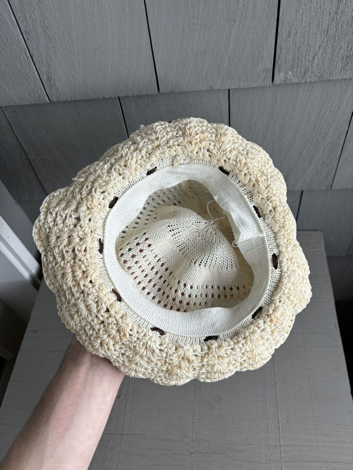 Handmade × Japanese Brand × Vintage Crochet Knit Bucket Hat 70s Vintage Sun Hat Lace Ribbon Mesh Size ONE SIZE - 7 Thumbnail
