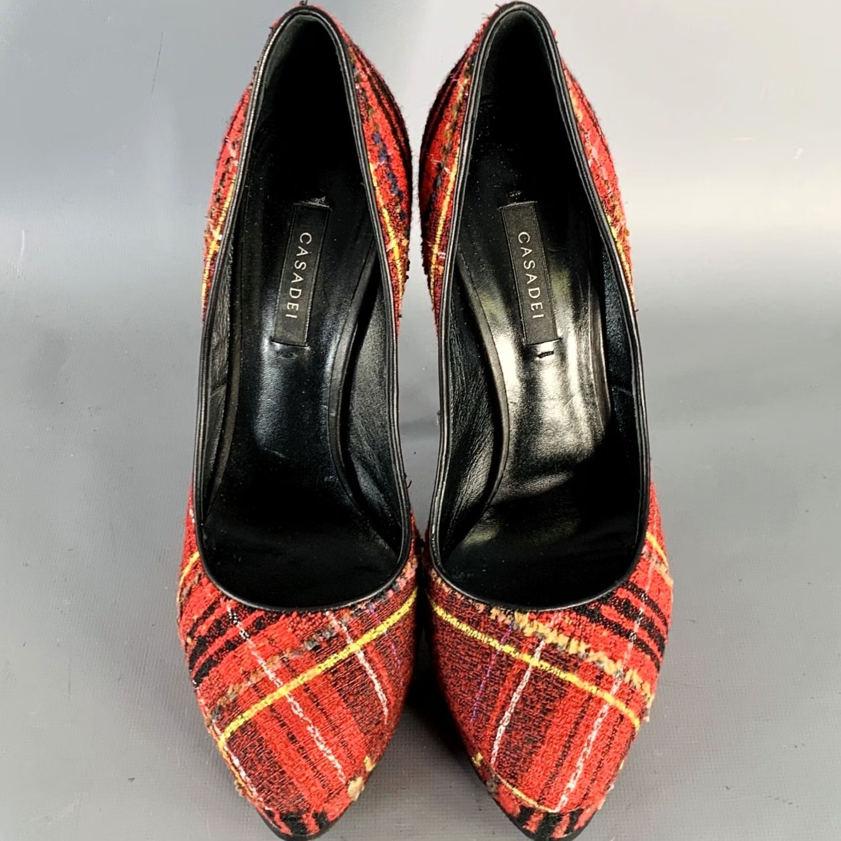 Casadei CASADEI Platform Pumps Size 9 Red Black Yellow Tweed Plaid Leather Trim Size US 9 / IT 39 - 4 Thumbnail