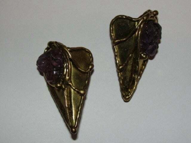 Handmade Hand made Brass and Amethyst Heart Set Pin and Earrings Size ONE SIZE - 2 Thumbnail