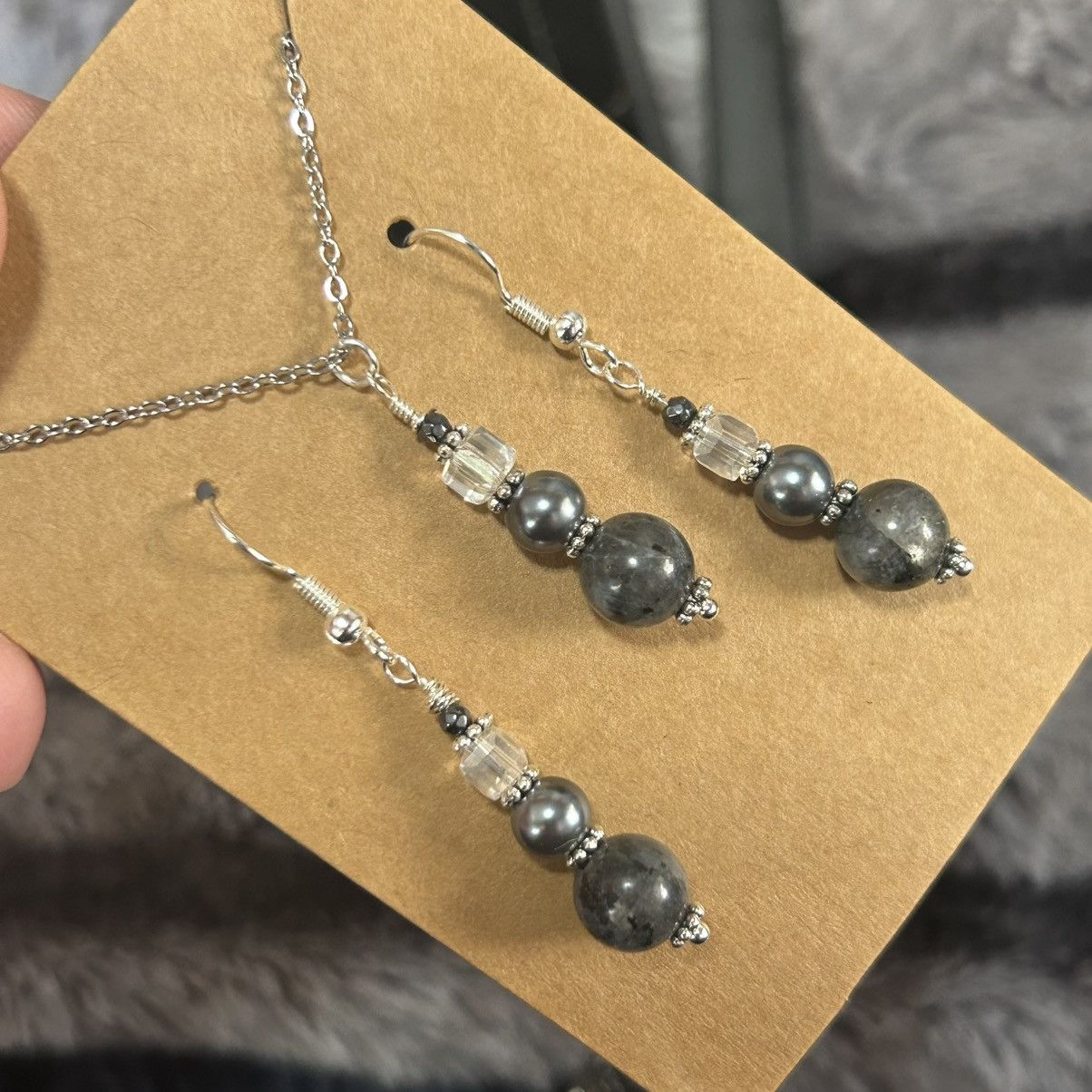 Handmade Handcrafted larvikite Czech glass pearl crystal necklace set Size ONE SIZE - 1 Thumbnail