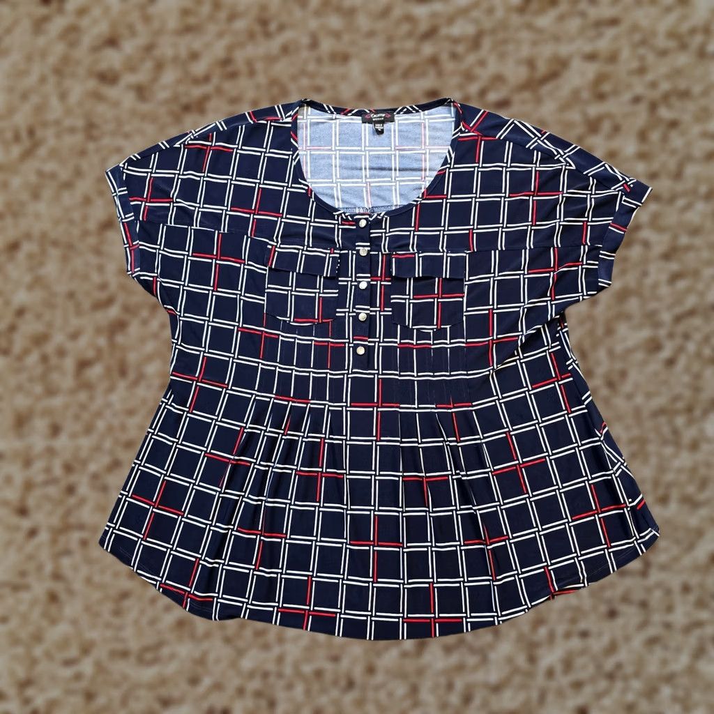 Vintage Cocomo Top Womens 1X Blue Size Plaid Short Sleeve Stretchy Slinky Casual Career Size XL / US 12-14 / IT 48-50 - 1 Thumbnail
