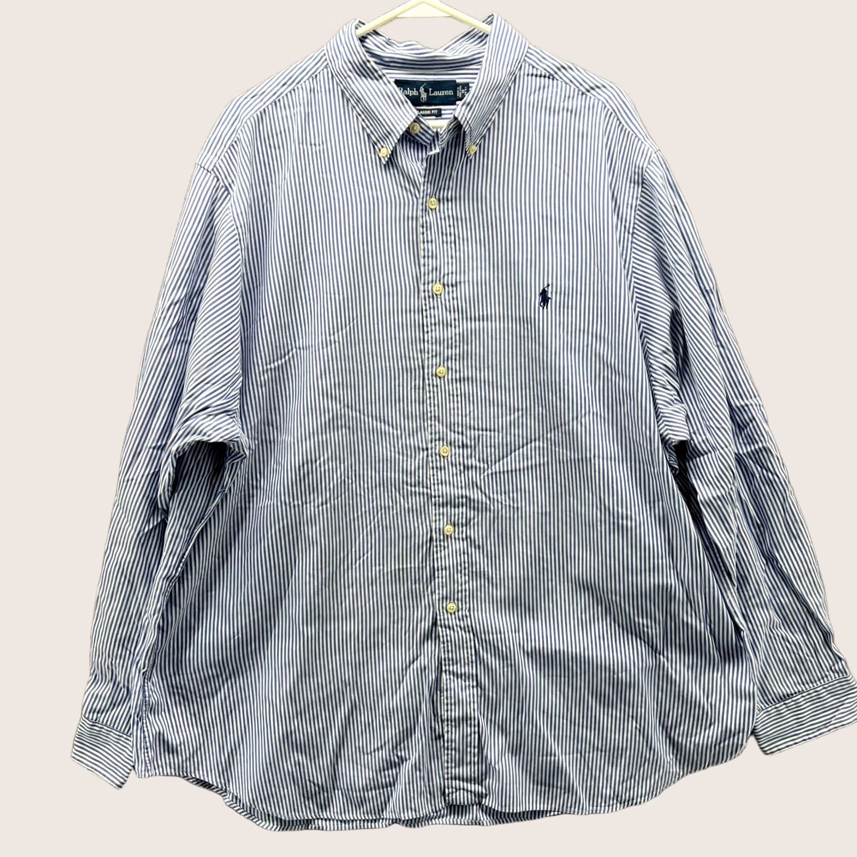 Polo Ralph Lauren VINTAGE Polo Ralph Lauren Shirt Mens 18 Blue Button Down OCBD Striped Classic Fit Casual Formal 56in Chest Men Shadows of Time Size US XXL / EU 58 / 5 - 1 Thumbnail