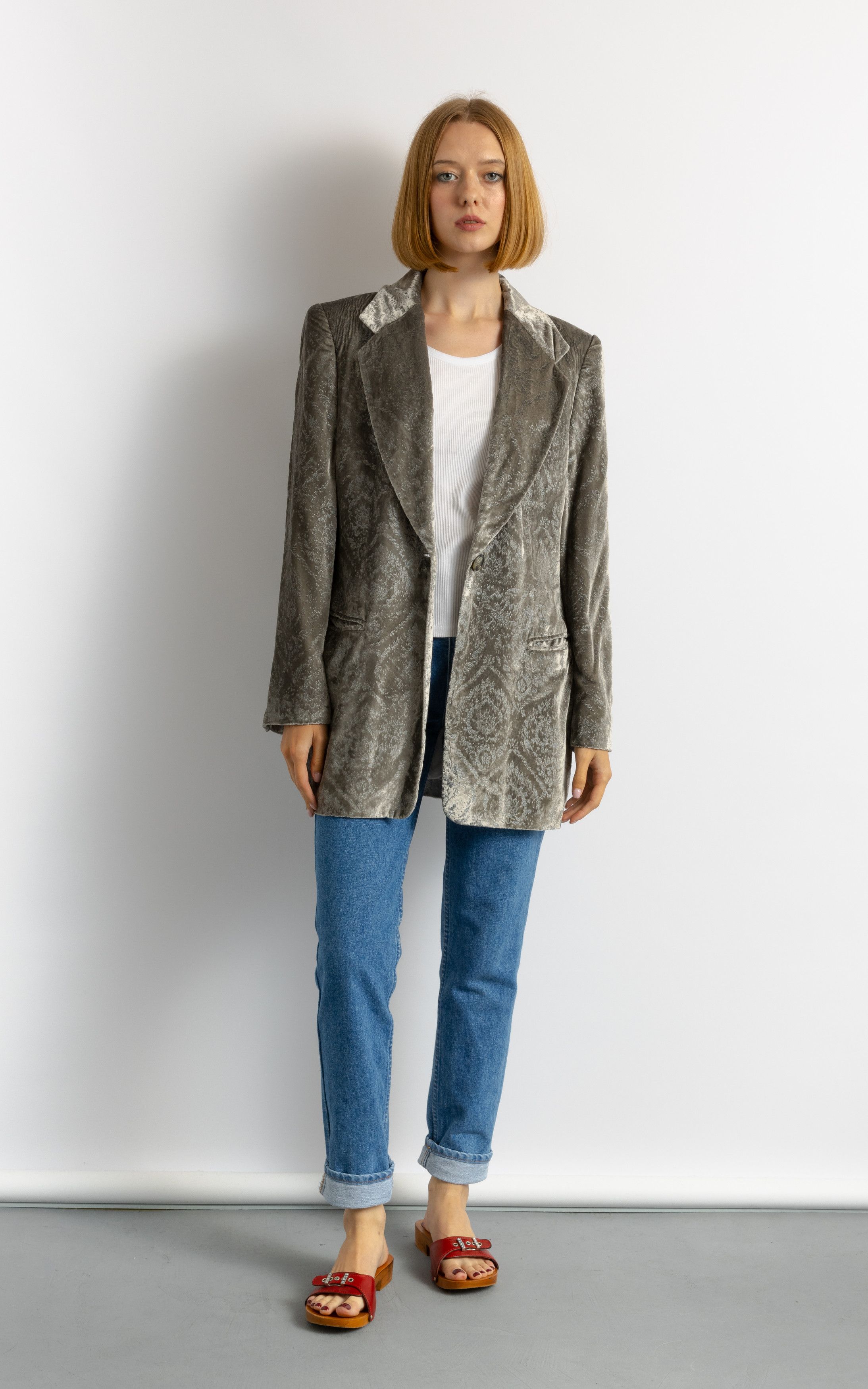 Escada LAUREL Velour Lined Silver Long Maxi Spring Blazer 7092 Size M / US 6-8 / IT 42-44 - 1 Thumbnail