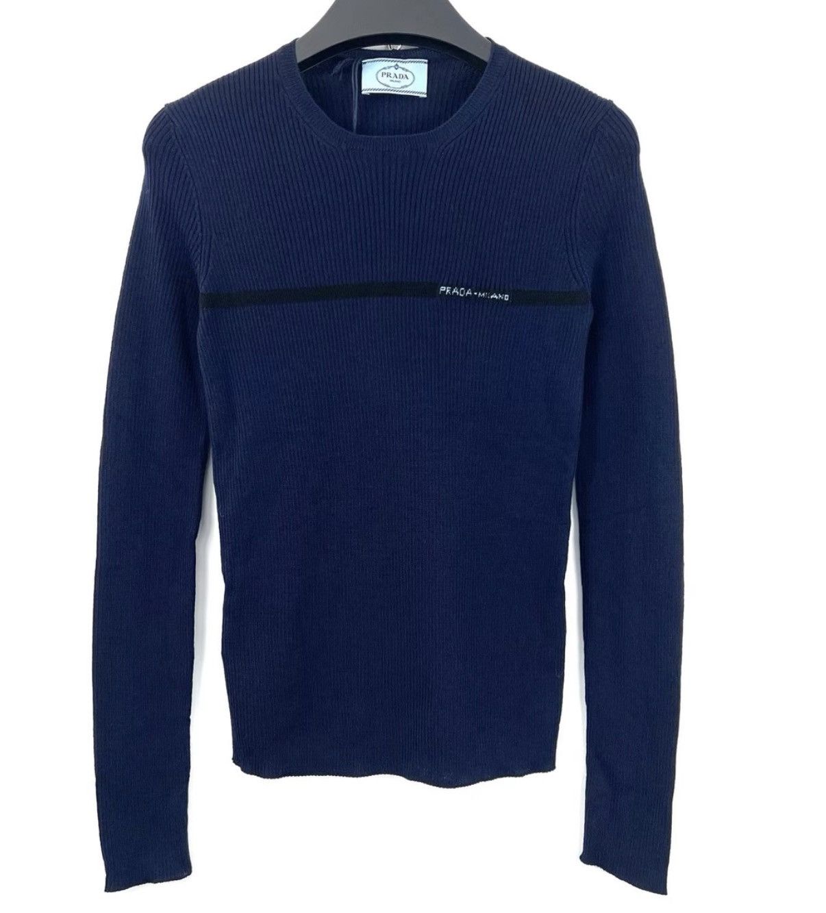 Prada Prada Navy Blue Chest Logo Knit Long Sleeve Top K12 Size S / US 4 / IT 40 - 1 Thumbnail