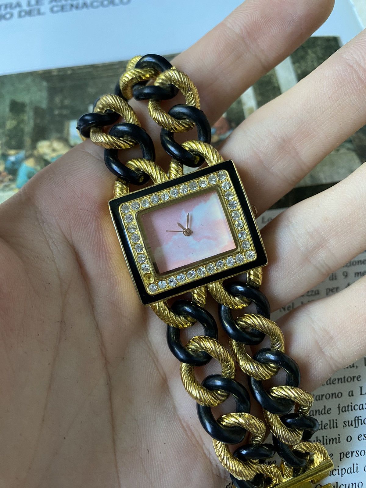 Japanese Brand × Jewelry × Vintage Elegant Watch Pink Dial Gold Black Strap Size ONE SIZE - 7 Thumbnail