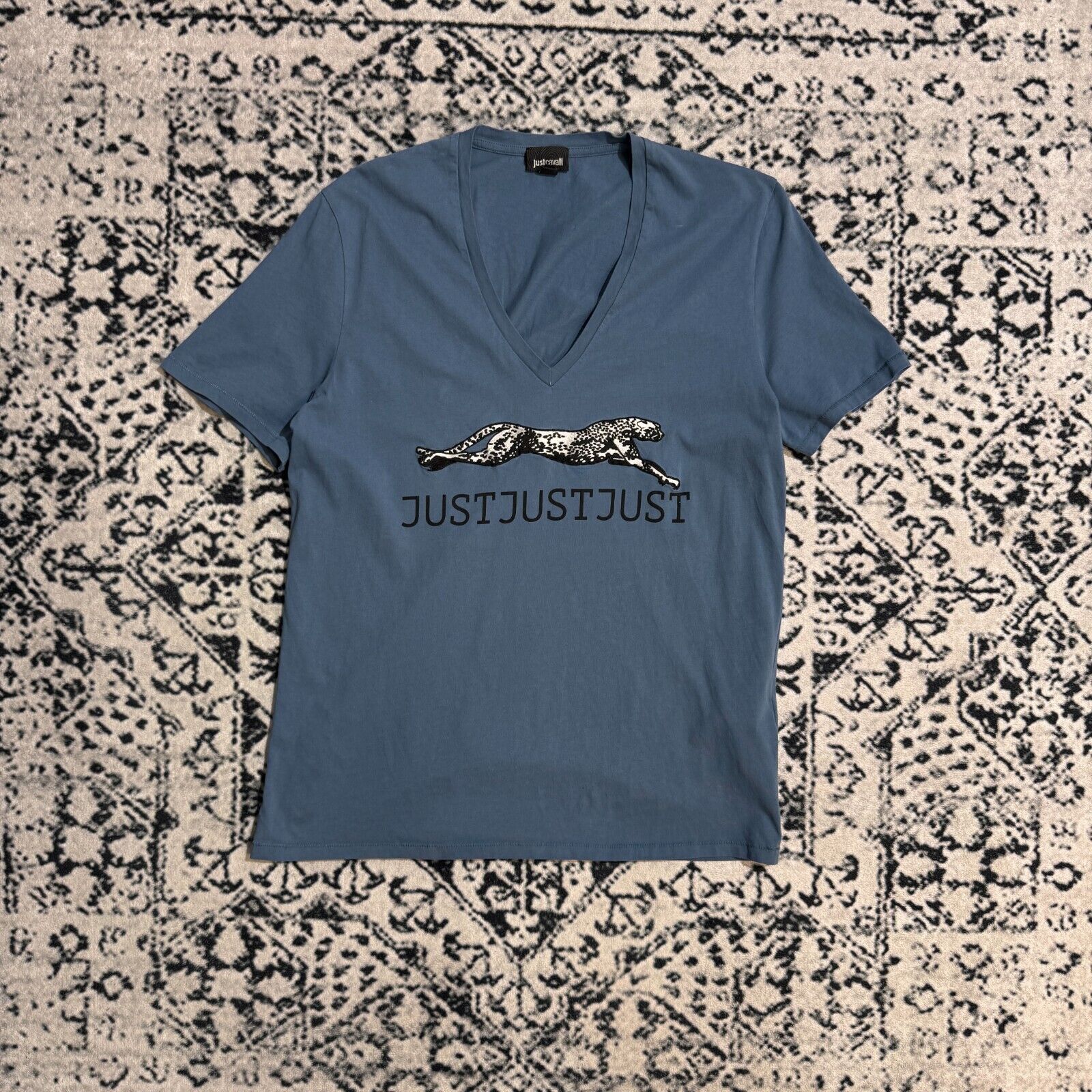 Just Cavalli × Vintage Just Cavalli Blue Cotton T-Shirt Size XS V-Neck Vintage 90s Size US XS / EU 42 / 0 - 1 Thumbnail