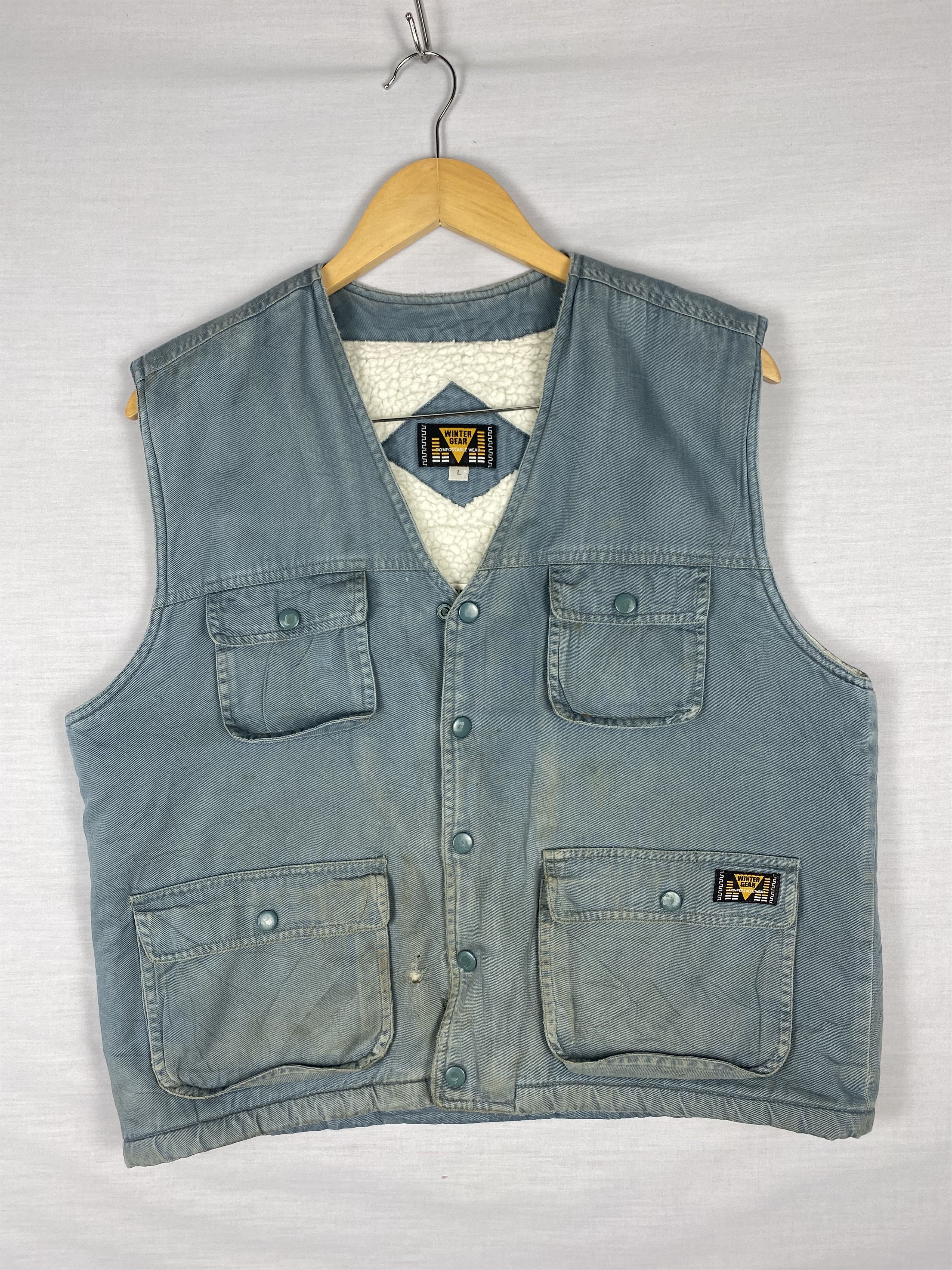 Vintage Winter Gear Fleece Lining Utility Denim Vest