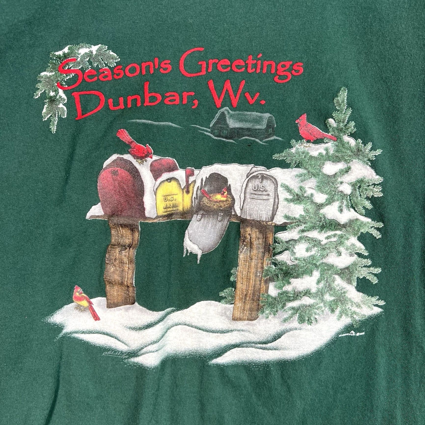 Vintage VINTAGE 1990s Seasons Greetings Dunbar West Virginia Cotton T-Shirt Adult Large Green Men Graphic Tee Sportswear Size US L / EU 52-54 / 3 - 4 Thumbnail