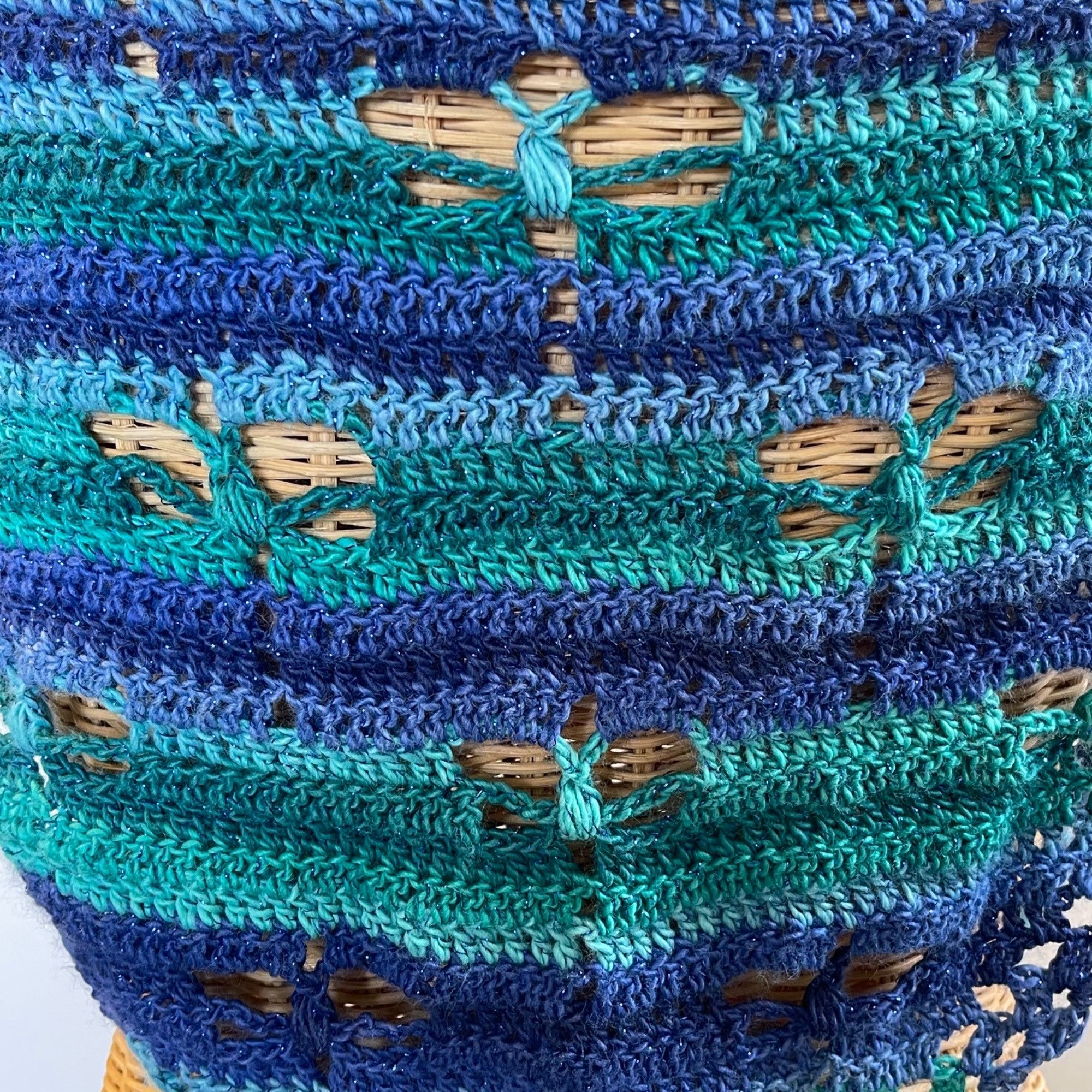 Handmade Crochet Shawl Cowl Wrap Dragonfly Cut Outs Blue Green 68" x Size ONE SIZE - 7 Thumbnail