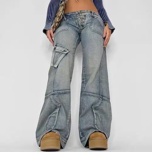 image of Vintage Retro Washed Distressed Irregular Pocket Cargo Jeans in Blue, Women's (Size 26)