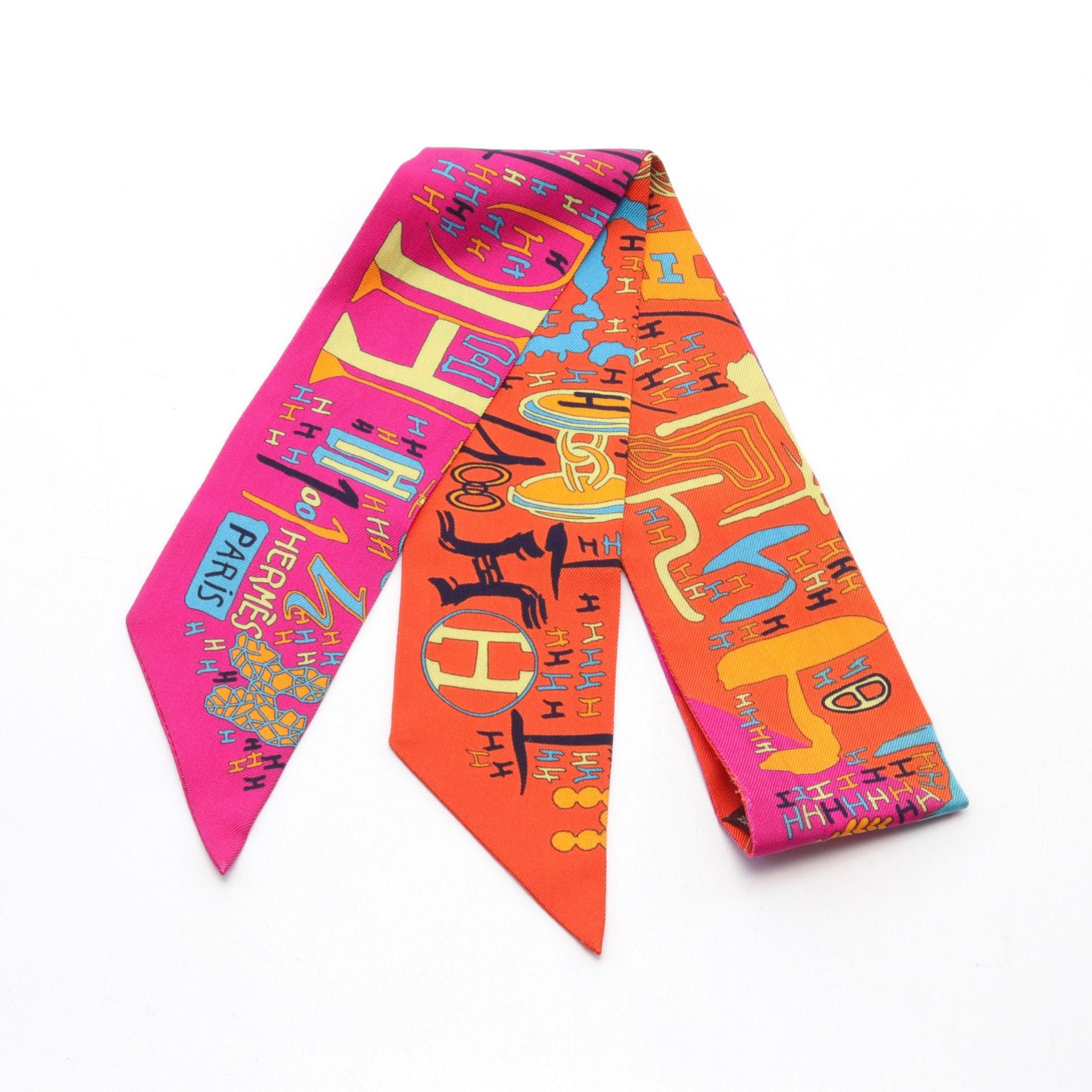Hermes Hermes Twilly 1001 H Ribbon Scarf Silk Pink Purple Orange Brown Multicolor Size ONE SIZE - 1 Thumbnail
