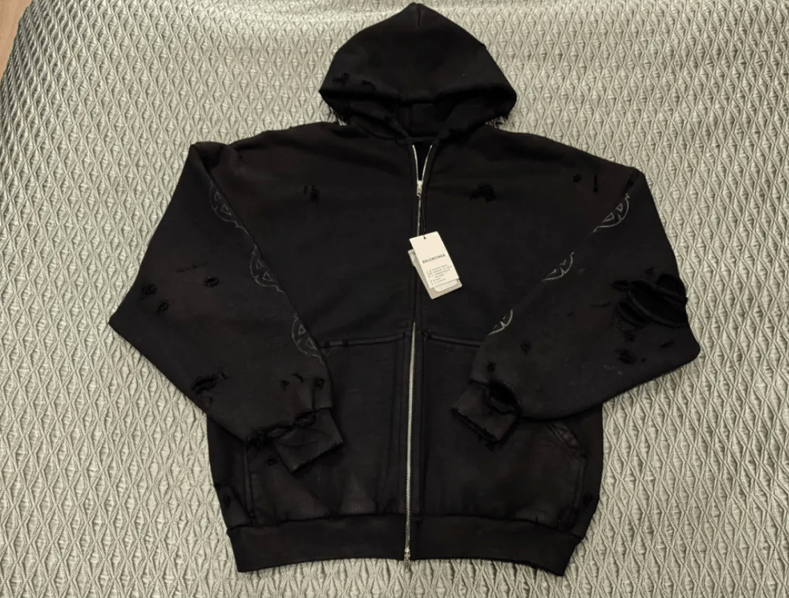 レア希少品BALENCIAGA  paris moon zip hoodie Balenciaga Paris Moon Crinkled Hoodie Large Fit Black Men's
