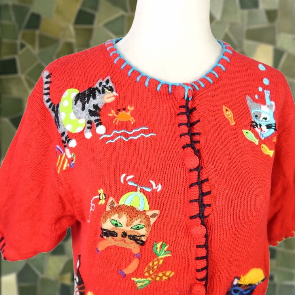 CO VINTAGE 90s M.C. & Co Red Cat Embroidered Cardigan Sweater S Womens Short Sleeve Knit Cotton Ramie Beaded Casual Spring Summer 90s Cats motif Size S / US 4 / IT 40 - 1 Thumbnail