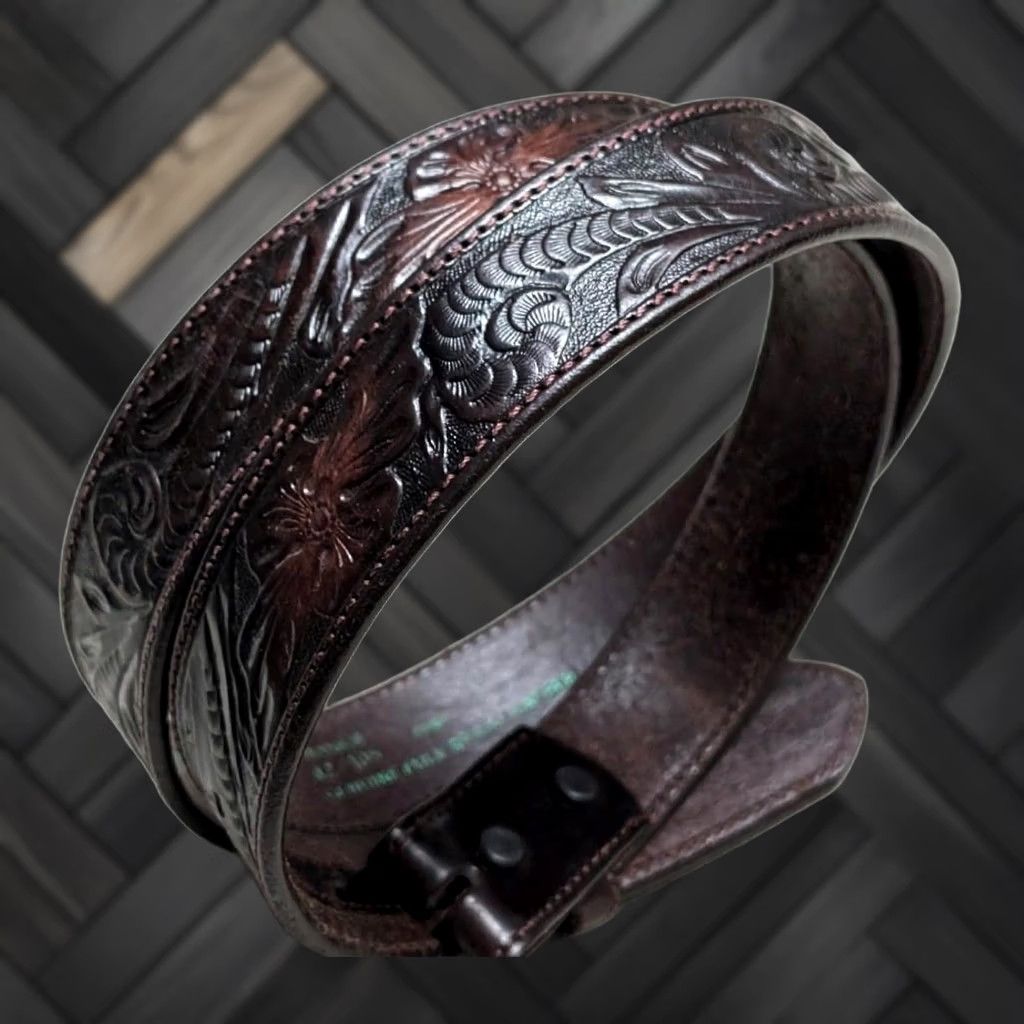 Vintage VINTAGE Resistol belt Tooled brown cowhide leather Western Belt 42 Men Belt Buckle 1-1/2" width Size 42 - 1 Thumbnail