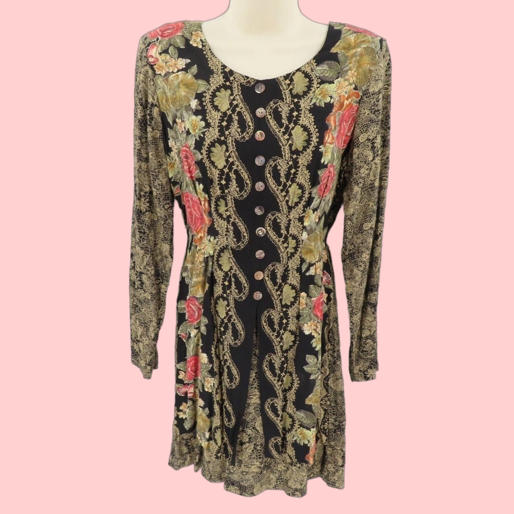 VINTAGE Dawn Joy Women's Floral Long Sleeve Shift Dress Boho
