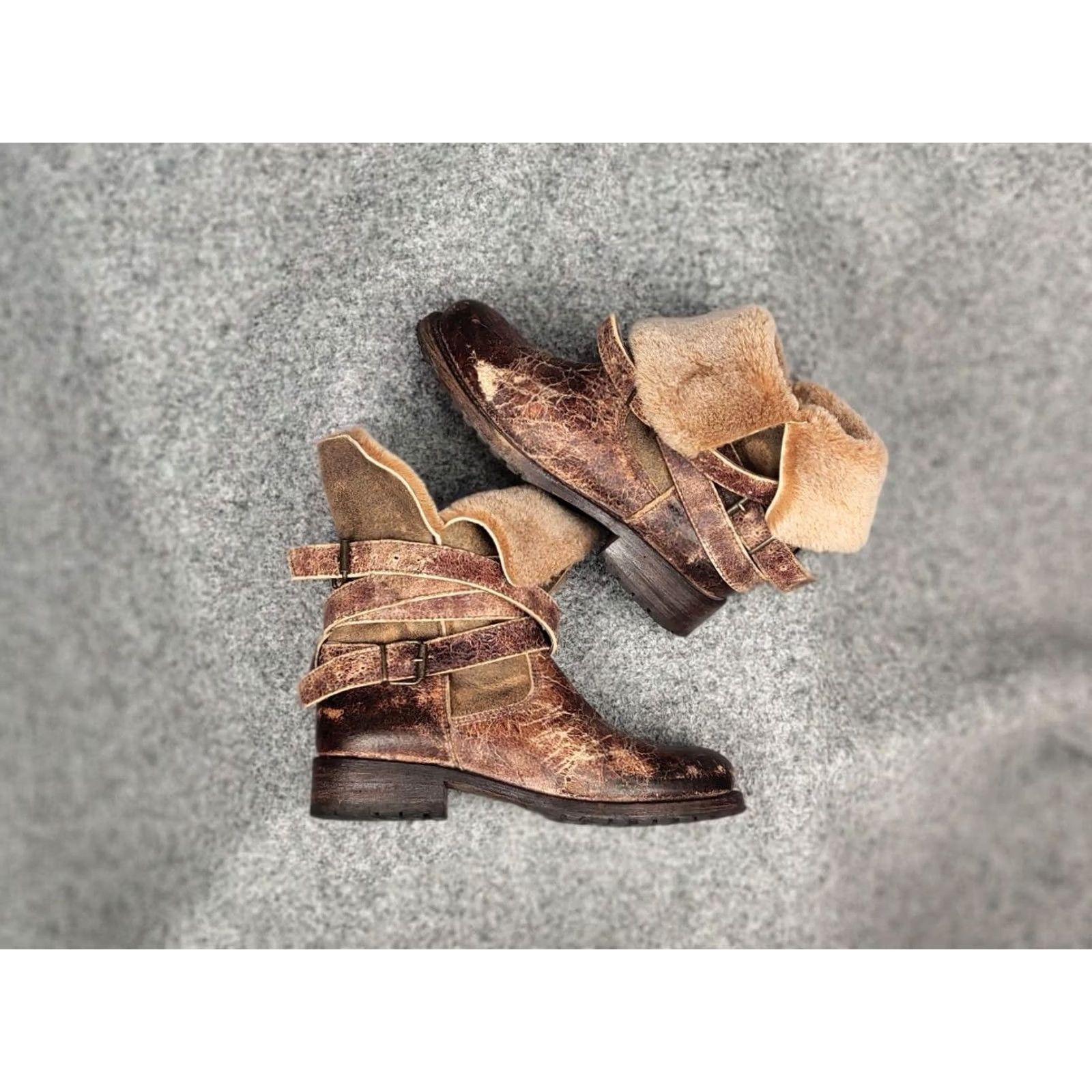 Vintage Sendra handmade design Ankle Brown Leather Womens fur boots Size US 7 / IT 37 - 3 Thumbnail