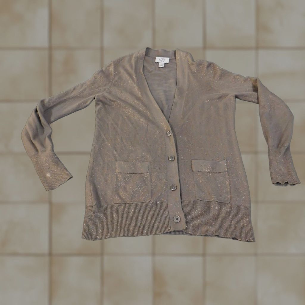 Ann Taylor Ann Taylor LOFT Cardigan Sweater Womens Small Petite Brown Gold Metallic Pockets Knit V-Neck Lightweight Shimmer Size S / US 4 / IT 40 - 1 Thumbnail