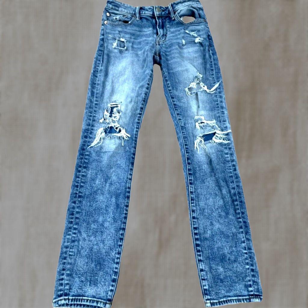 American Eagle Outfitters American Eagle Outfitters Jeans Men 29x32 Skinny Fit Distressed 5-Pocket Denim Blue Medium Wash Logo Belt Loops Zipper Size US 29 - 1 Thumbnail