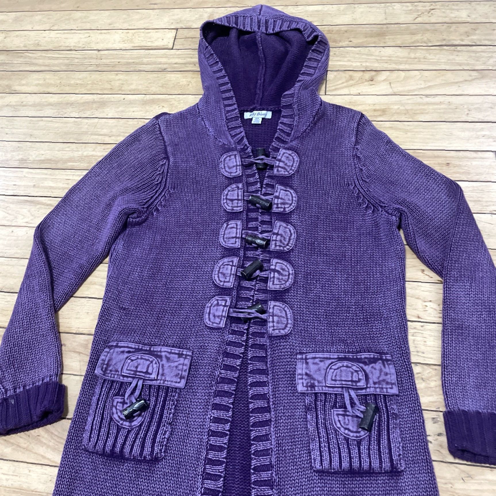 Vintage VINTAGE PBJ Blues Hoodie Cardigan Women S Knit Duster Purple Y2k Boho Long Line Crochet Wood Clasp Adjustable Boutique Sweater Size S / US 4 / IT 40 - 3 Thumbnail