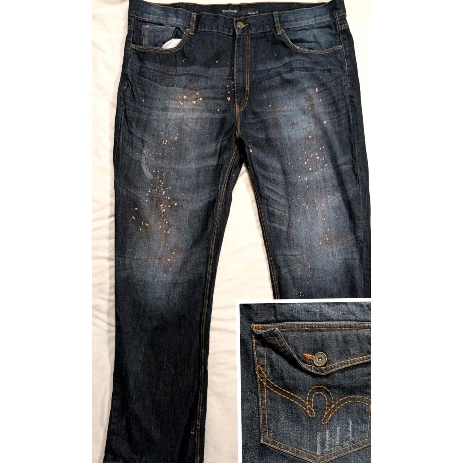 Rocawear VINTAGE Rocawear Jeans Men 48x35 Blue Dark Wash Embroidered Hip Hop 90s VTG Mens Jeans Wide-Leg 48 Inseam 35 in Cotton Denim Size US 32 / EU 48 - 2 Thumbnail