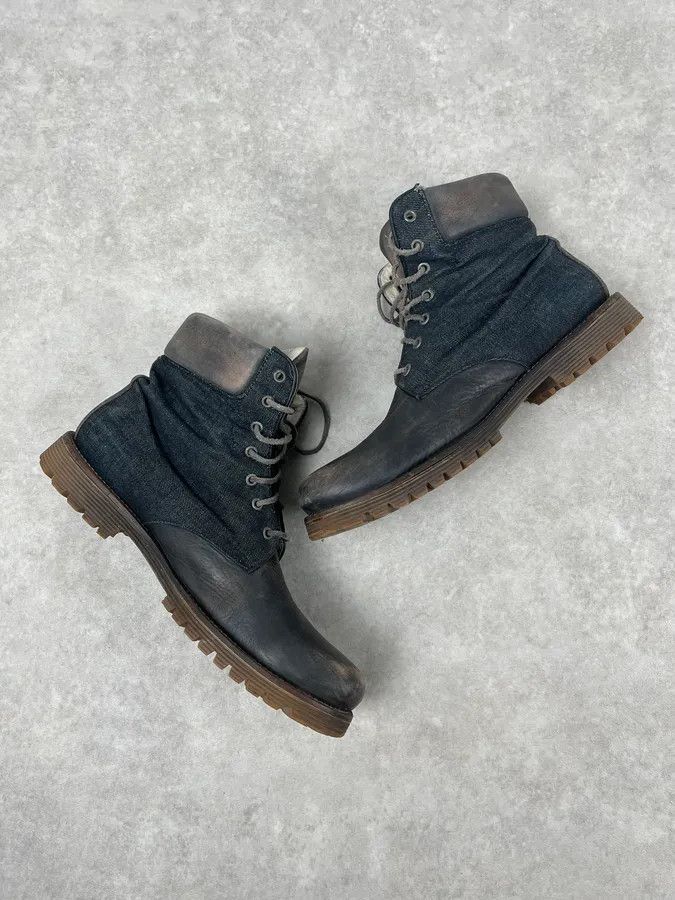 Armani 2000s Armani Brown Eroded Leather & Denim Boots Size US 11 / EU 44 - 3 Thumbnail