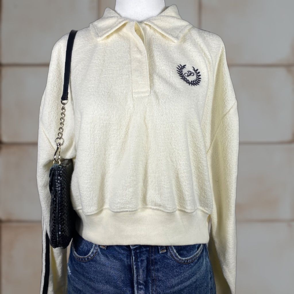 Vintage Y2K Victoria's Secret Pink Fleece Polo Sweatshirt Women's Small Ivory Preppy Top Size S / US 4 / IT 40 - 1 Thumbnail