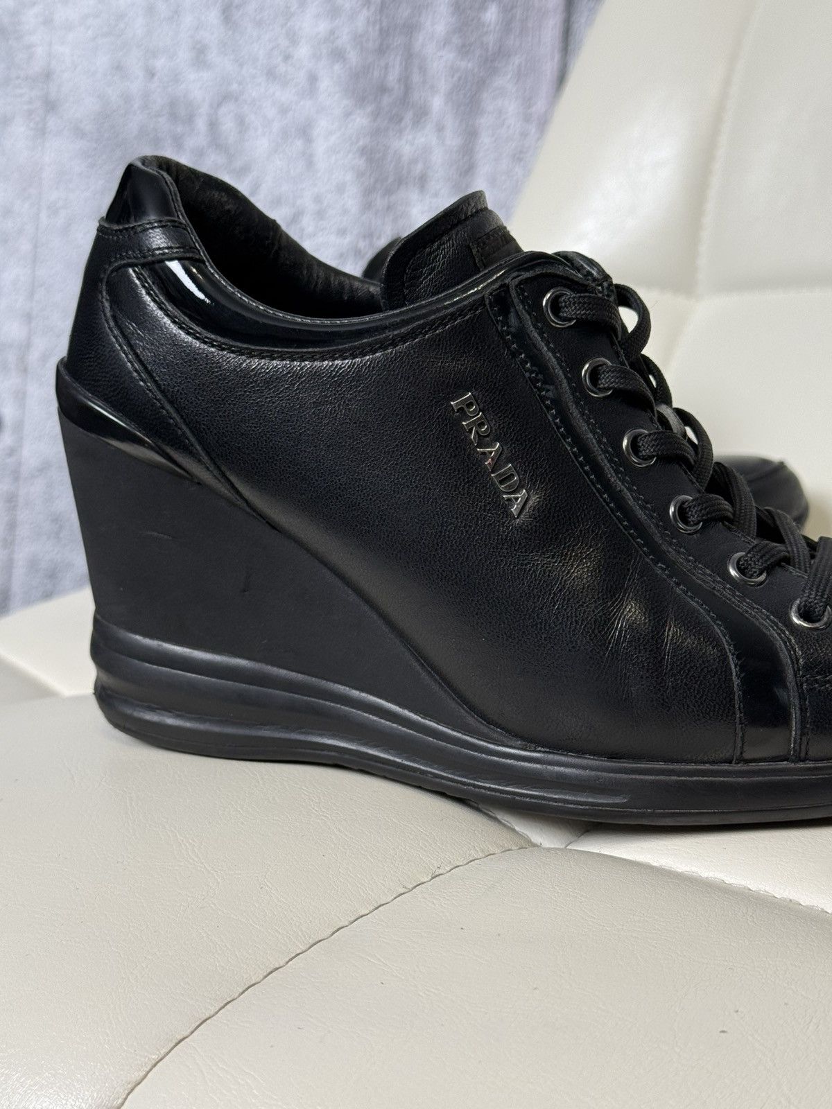 Prada PRADA Wedge Sneakers Black Leather Womens Platform Shoes Size US 6.5 / IT 36.5 - 11 Thumbnail