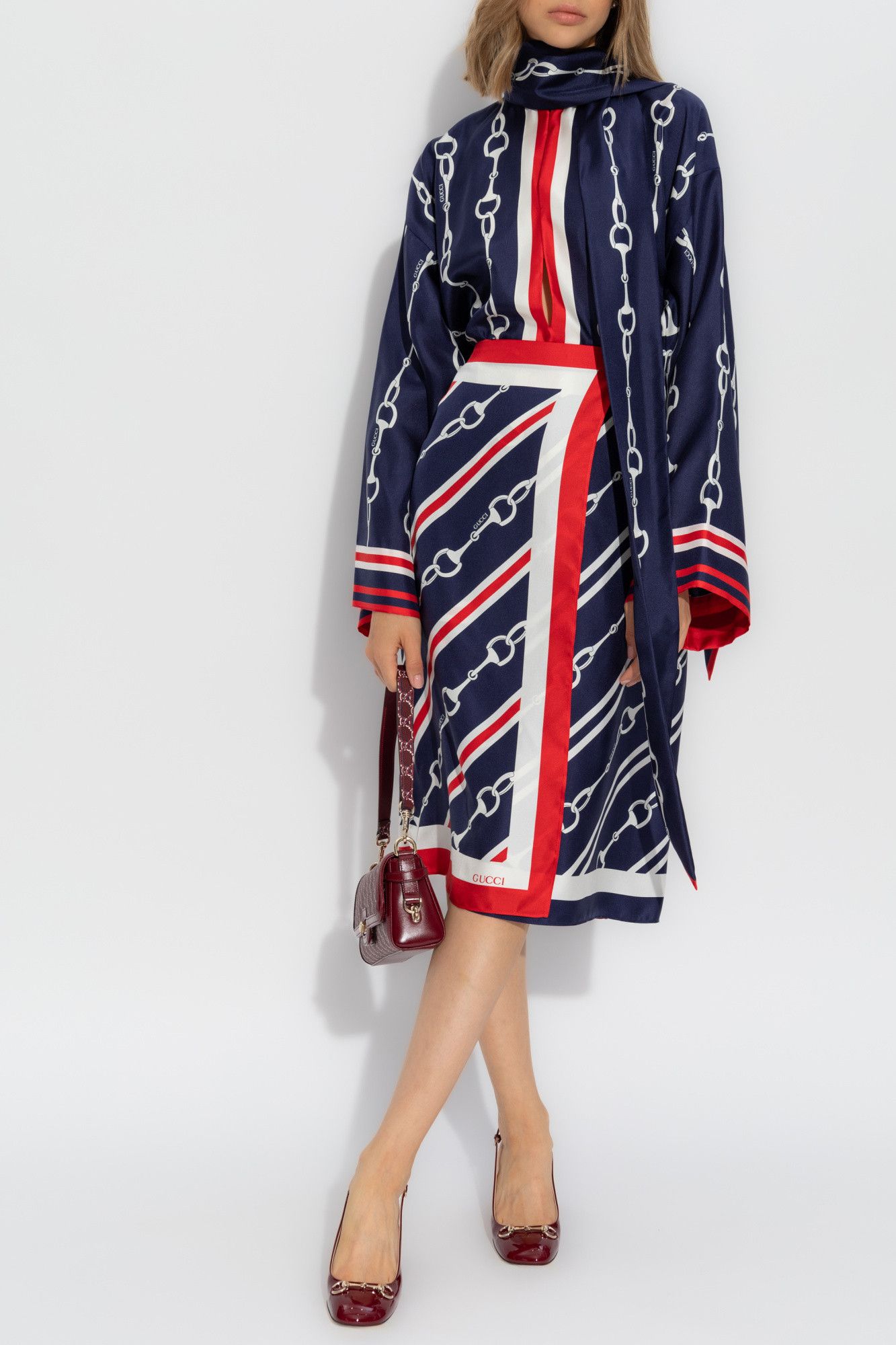 Gucci o1la5ras0526 Horsebit Print Silk Twill Skirt in Multicolor Size 26" / US 2 / IT 38 - 2 Thumbnail