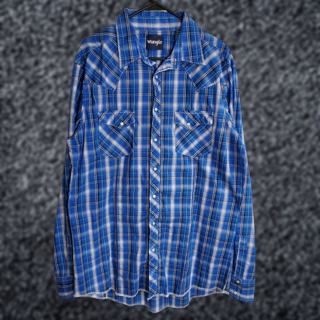 Wrangler VINTAGE Wrangler Pearl Snap Mens XLT Blue Plaid Long Sleeve Western Cowboy Shirt Size US XL / EU 56 / 4 - 1 Thumbnail