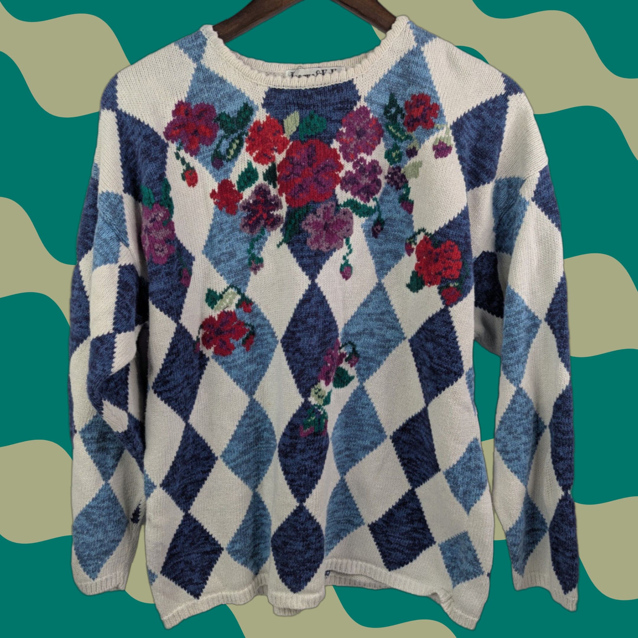 Vintage VINTAGE Jacque & KoKo Floral Diamond Argyle L/S Sweater Size 14/16 Ramie/Cotton Size XL / US 12-14 / IT 48-50 - 1 Thumbnail