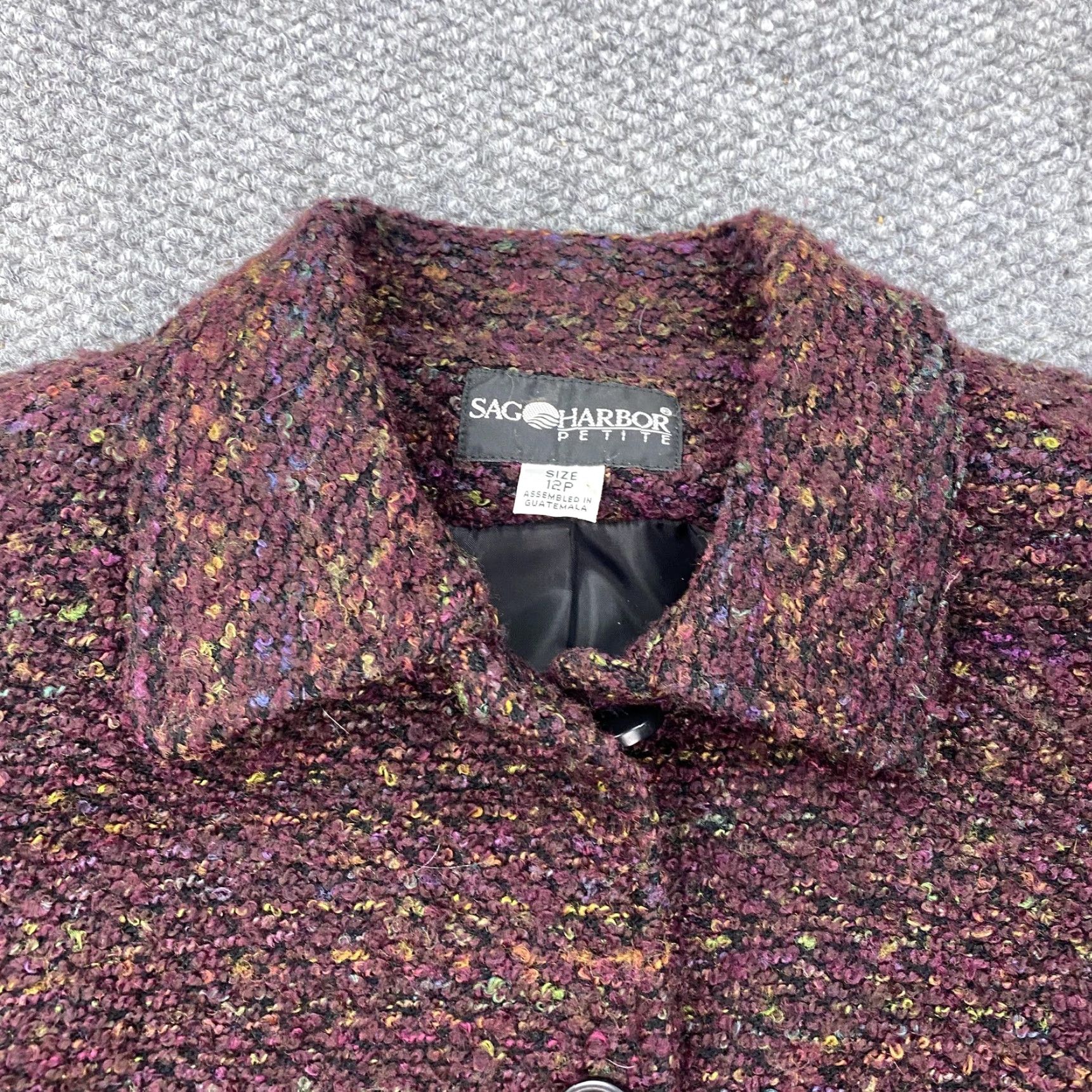Vintage Sag Harbor Blazer Womens 12P Petite Jacket Burgundy Bouclé Lined Button Flecked Tweed Suit Style Professional Womens? Size XL / US 12-14 / IT 48-50 - 2 Thumbnail