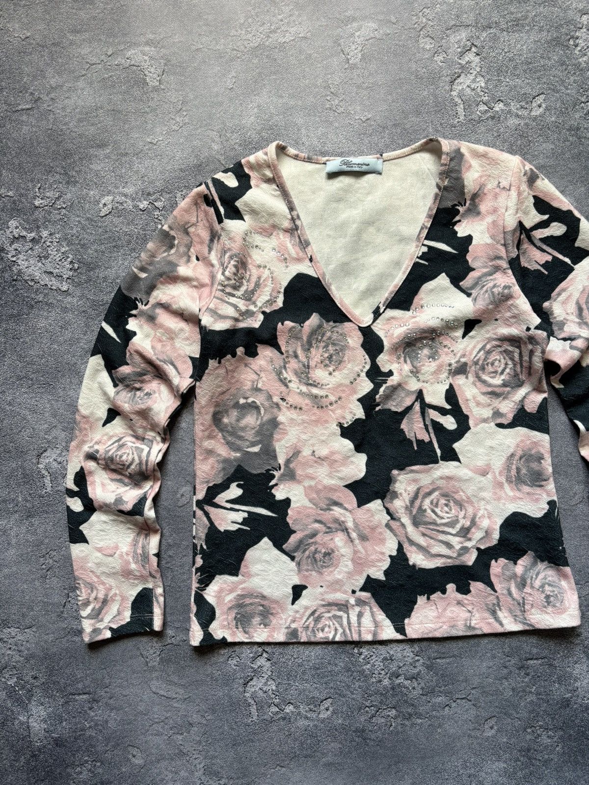 Blumarine Blumarine Floral Rose Rhinestones V-Neck Long Sleeve Top Size L / US 10 / IT 46 - 2 Thumbnail