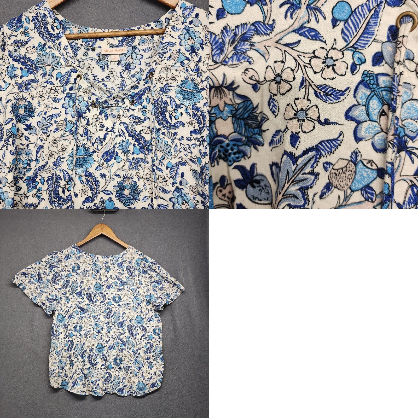Vintage Knox Rose Shirt Womens 2XL Blue White Floral Lace Up Tie Neck Short Sleeve Blouse Size XXL / US 16-18 / IT 52-54 - 9 Thumbnail
