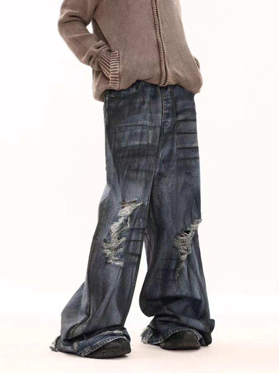 Vintage washed corrugated ripped wide-leg jeans