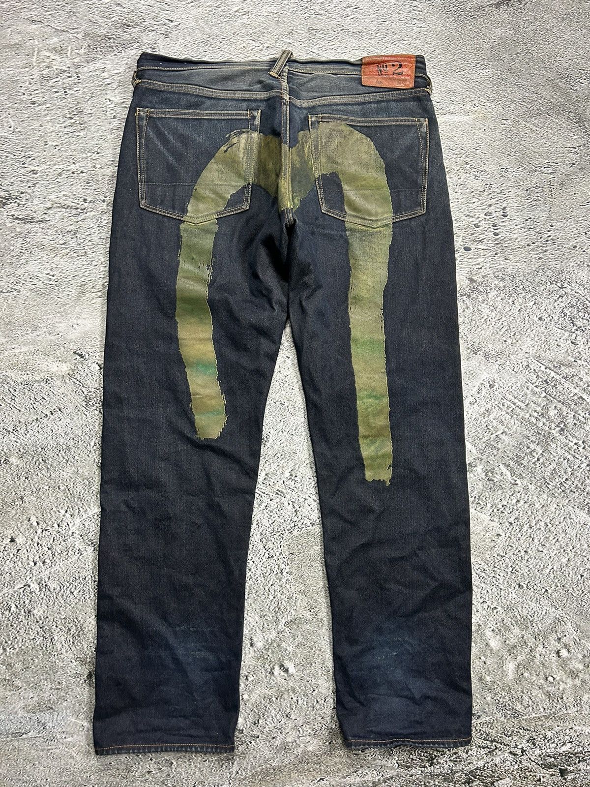 image of Evisu Daicock Big Logo Jeans Green Selvedge Denim Navy, Men's (Size 38)