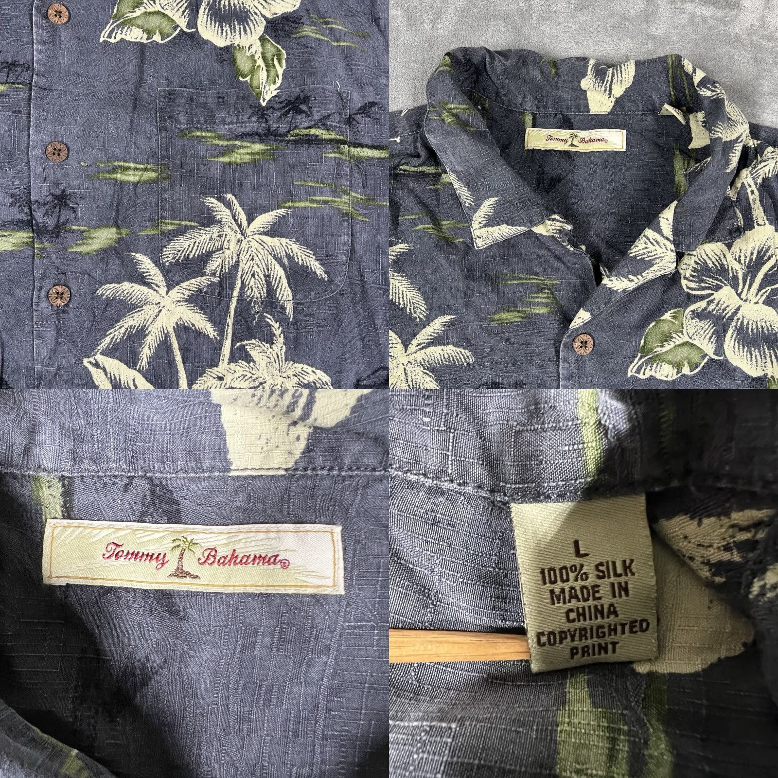 Tommy Bahama Tommy Bahama Button-Up Shirt 100% Silk Men Large Dark Gray Hawaiian Floral Shirt Mens Size US L / EU 52-54 / 3 - 8 Thumbnail
